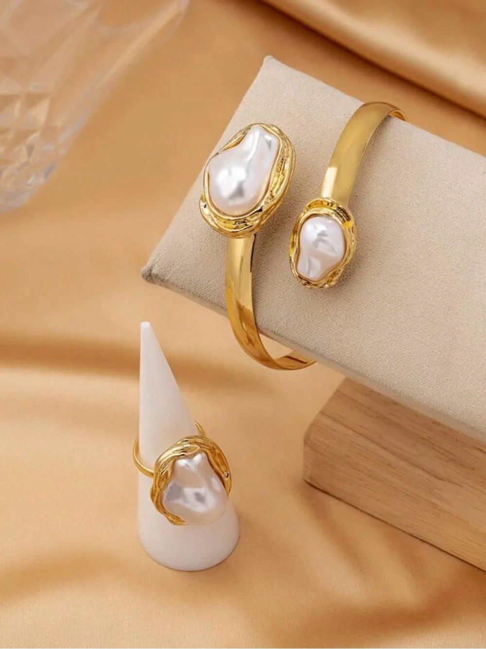 Gold Pearl Statement Ring and Cuff Set - White Pearlescent Accents